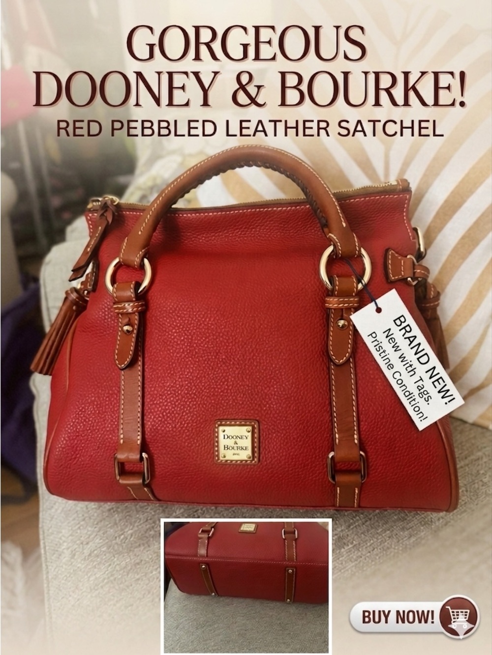 New Dooney & Bourke LARGE Crimson Pebbled Leather Satchel NWT $598 MSRP